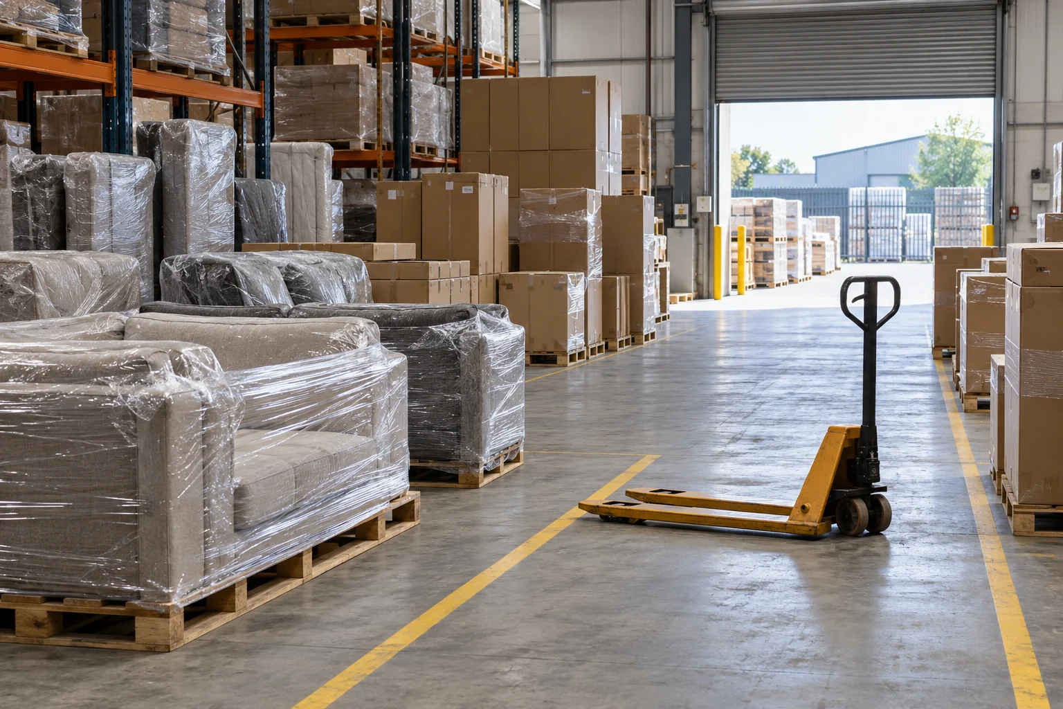 Illustrative furniture warehouse and distribution scene